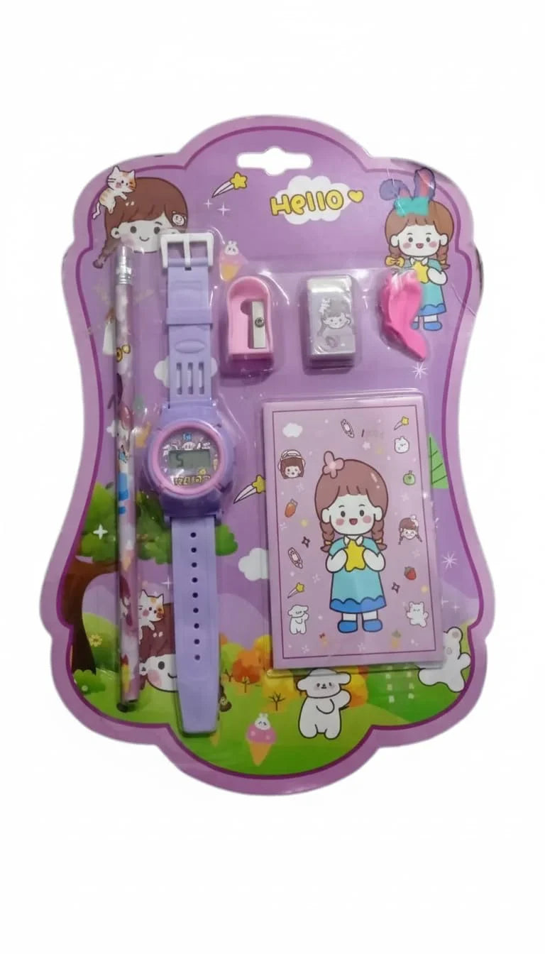 GBT-8454 6 in 1 Stationery Gift Set for Children , Stationery Supplies Bundle with Digital Watch, Sharpener, Eraser, Pencils, Notebook & Cap Return Gift for Kids