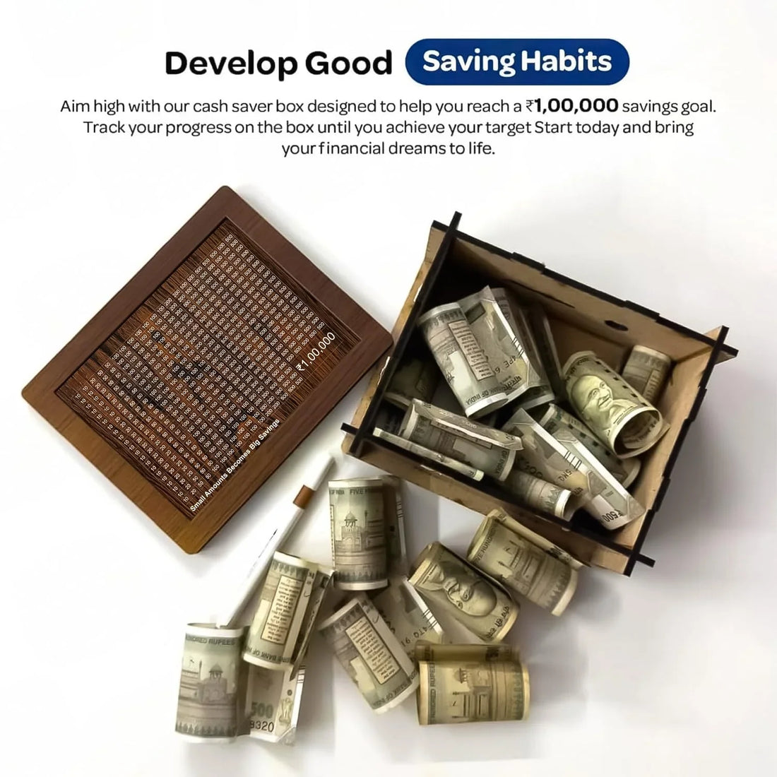 20135 Money Box with Carved Design, Wooden Piggy Bank, Kids Coin Box, 100000 Money Saver, Wooden Coin Bank