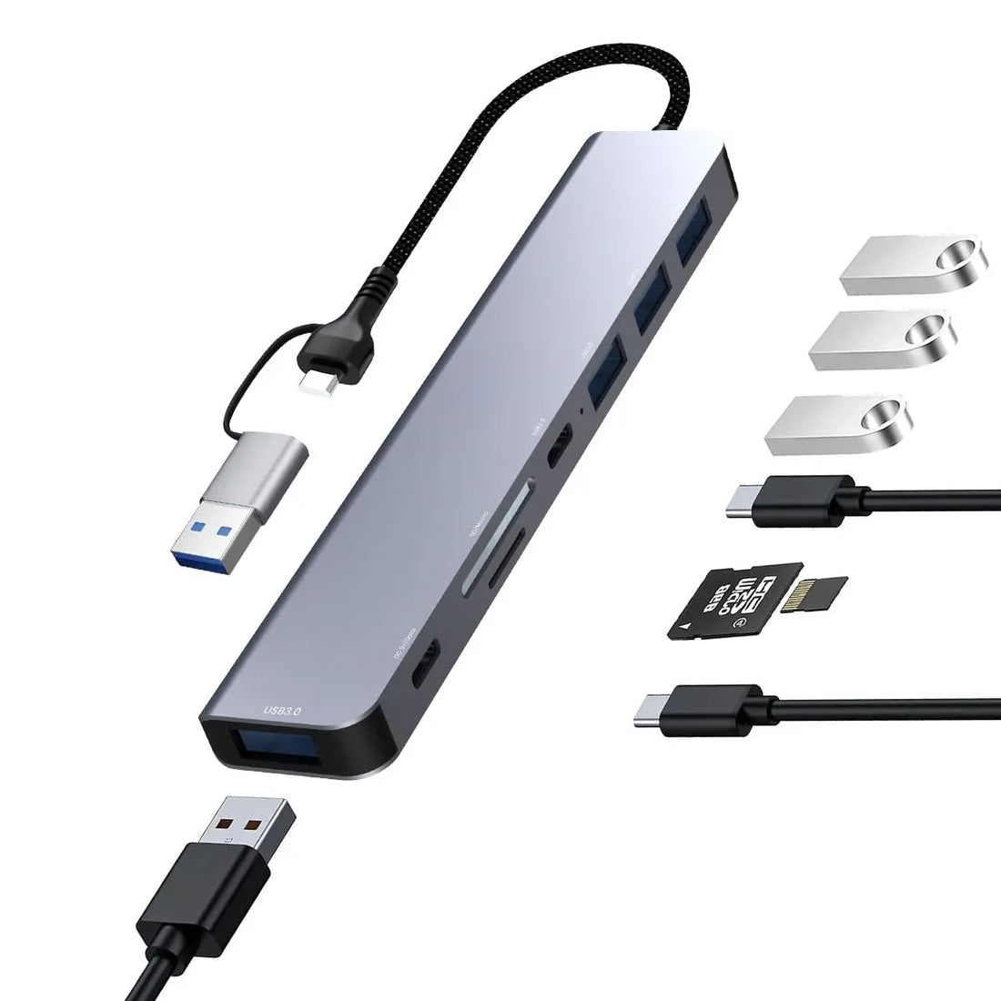 8-in-1 Type-C To Multiport Adapter Hub with 4k HDMI / RJ45 / LAN and Advanced USB 3.0 & Type-C, TF & Micro SD Card Reader