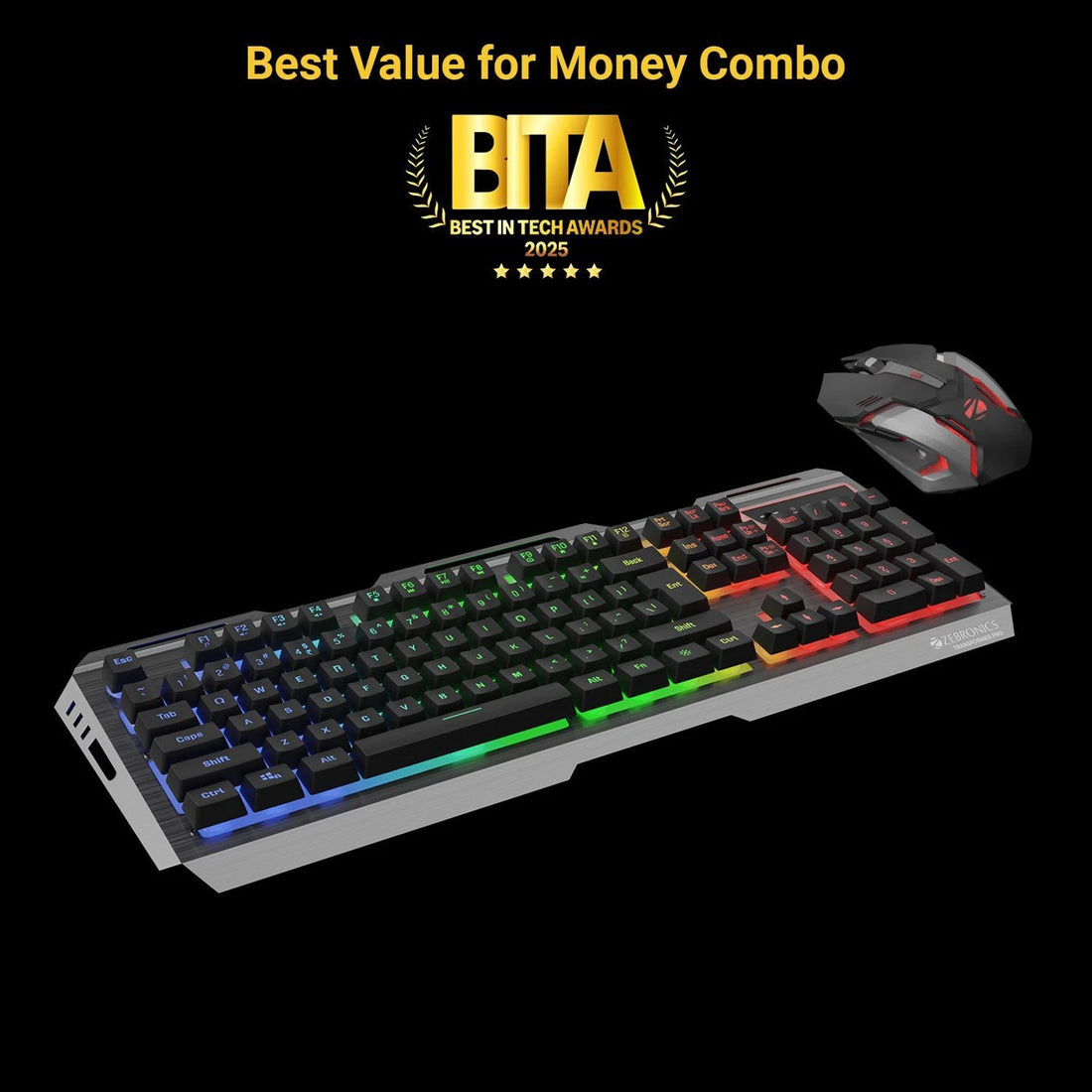 ZEBRONICS Transformer Pro Wireless Standard Multi-device Keyboard Compatible with Desktop, Laptop, Mac Gaming Keyboard & Mouse, 2.4GHz, LED Modes,Type C, Al body (Black, MultiColor LED Modes, Aluminum Body, Double Shot Keycaps, Up To 4000 DPI)